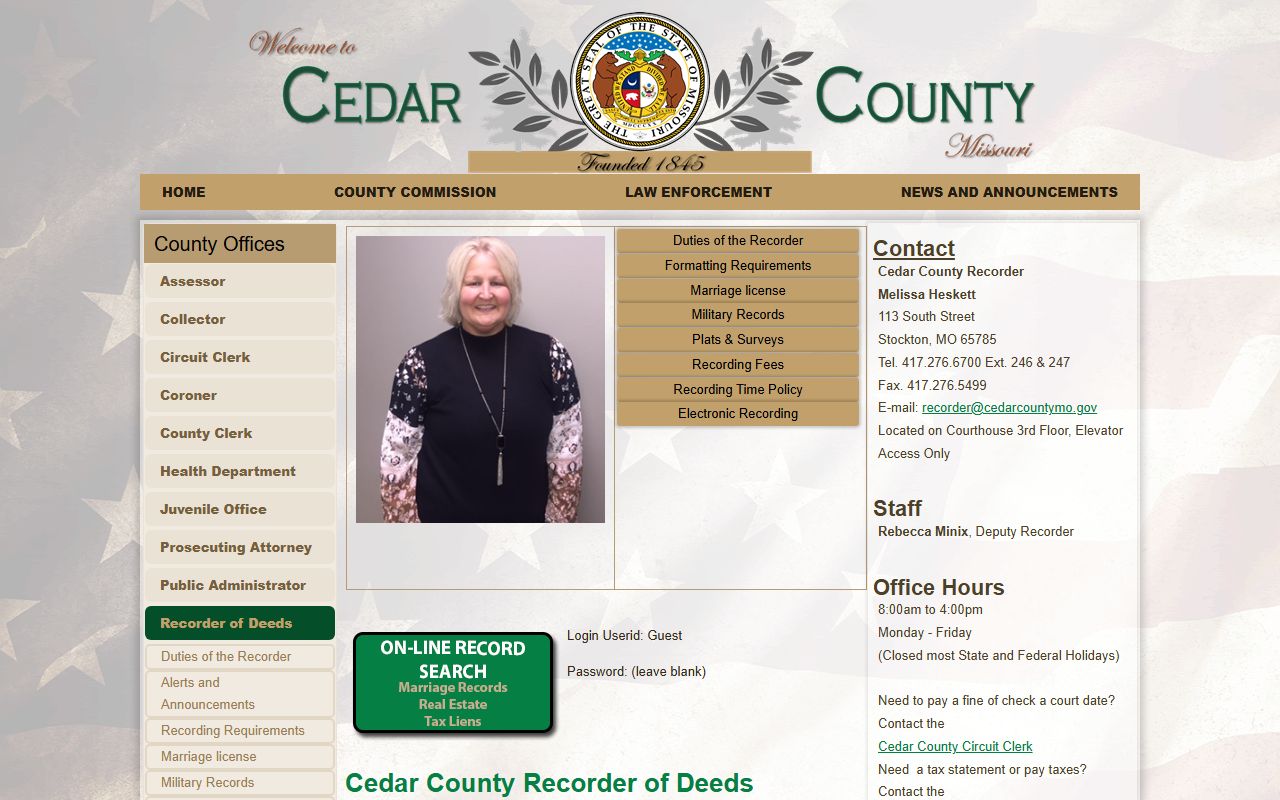 Cedar County Recorder of Deeds office page for deed records