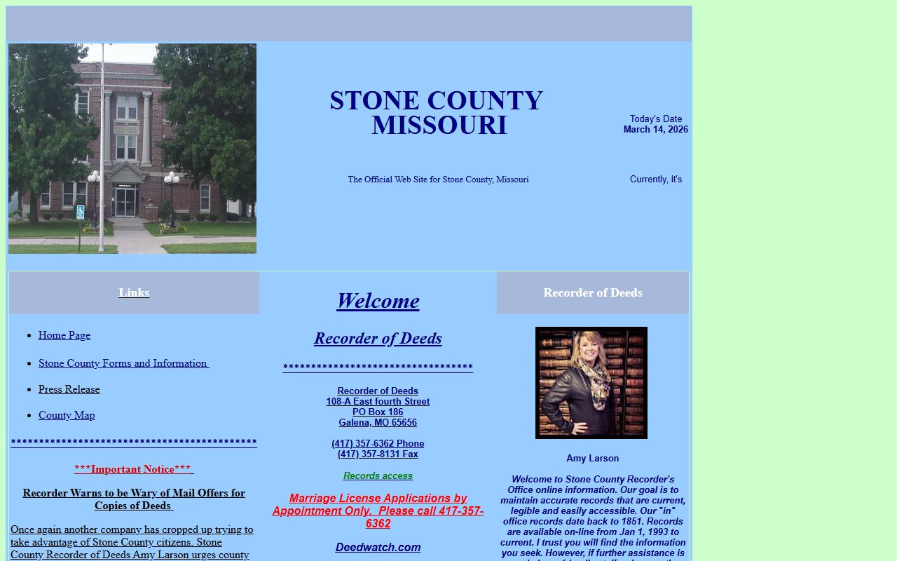 Stone County Recorder of Deeds office page for deed records