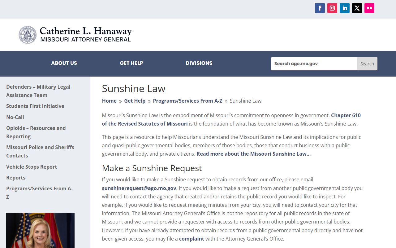Missouri Attorney General Sunshine Law page for public deed records access