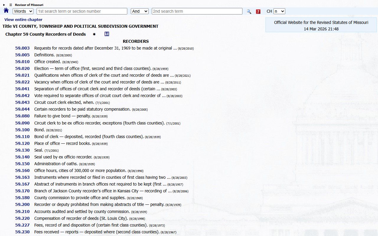 Missouri Revised Statutes Chapter 59 governing deed records